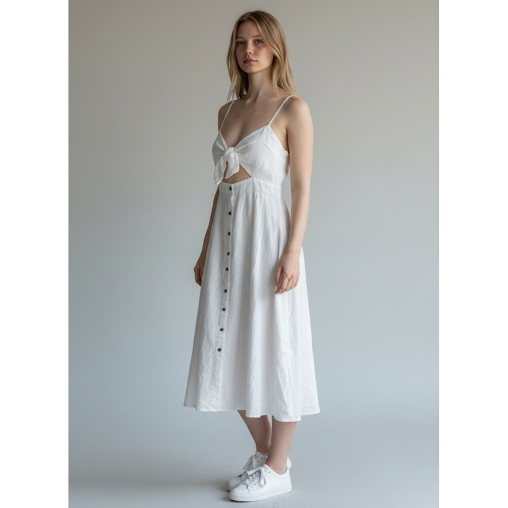 Wildfire White Tie Front Cutout Boho Midi Dress Smocked Back‎ Small